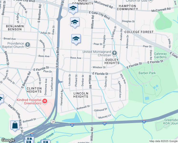 map of restaurants, bars, coffee shops, grocery stores, and more near 1522 Willow Road in Greensboro