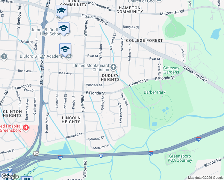 map of restaurants, bars, coffee shops, grocery stores, and more near 2205 East Florida Street in Greensboro