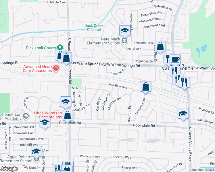 map of restaurants, bars, coffee shops, grocery stores, and more near 2426 Millcroft Drive in Henderson