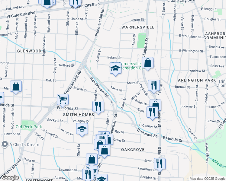 map of restaurants, bars, coffee shops, grocery stores, and more near 515 Lama Street in Greensboro