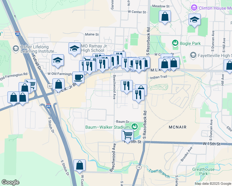 map of restaurants, bars, coffee shops, grocery stores, and more near 914 Beechwood Avenue in Fayetteville