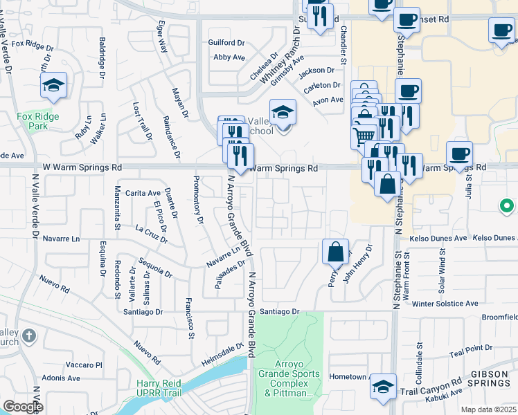map of restaurants, bars, coffee shops, grocery stores, and more near 1575 West Warm Springs Road in Henderson