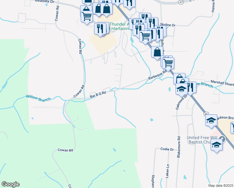 map of restaurants, bars, coffee shops, grocery stores, and more near 503 Bar B Q Road in Dickson