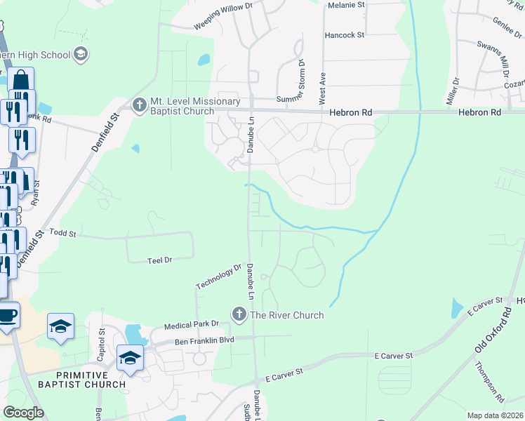 map of restaurants, bars, coffee shops, grocery stores, and more near 601 Fanning Way in Durham