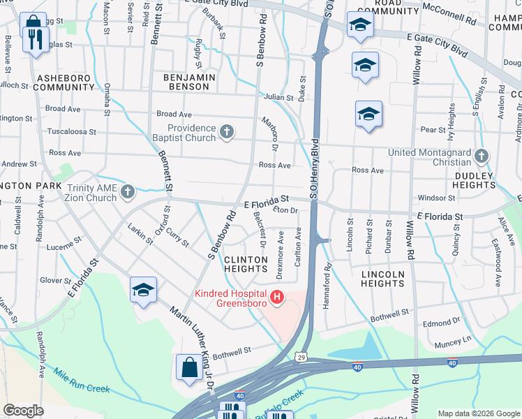 map of restaurants, bars, coffee shops, grocery stores, and more near 1100 East Florida Street in Greensboro