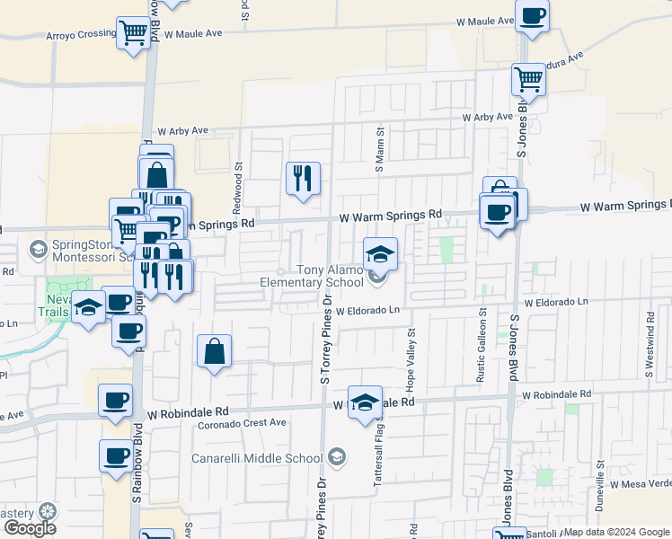 map of restaurants, bars, coffee shops, grocery stores, and more near 7405 Edgecove Court in Las Vegas