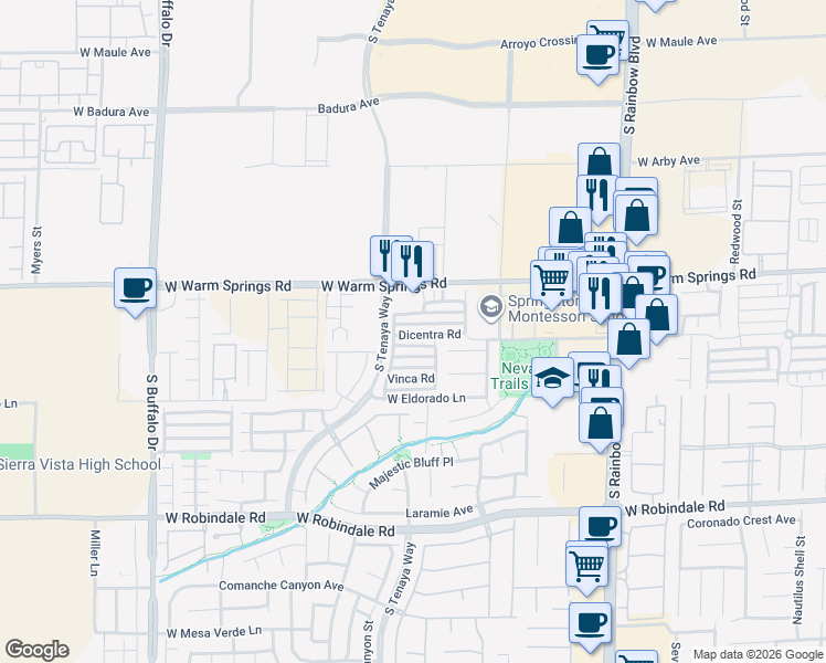 map of restaurants, bars, coffee shops, grocery stores, and more near 7303 Dicentra Road in Las Vegas