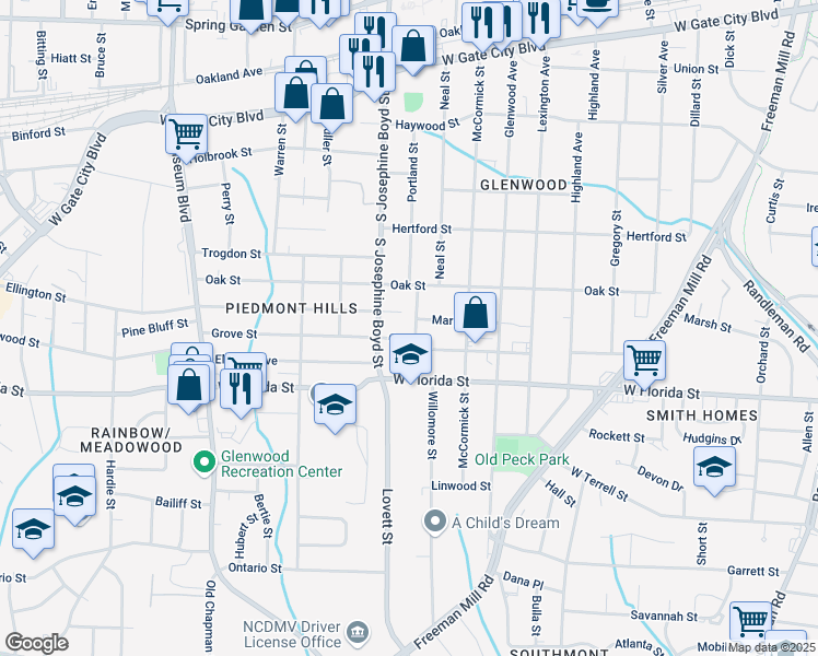 map of restaurants, bars, coffee shops, grocery stores, and more near 1306 Portland Street in Greensboro