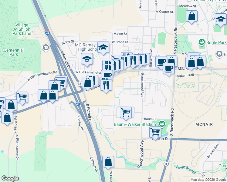 map of restaurants, bars, coffee shops, grocery stores, and more near 909 South Hollywood Avenue in Fayetteville