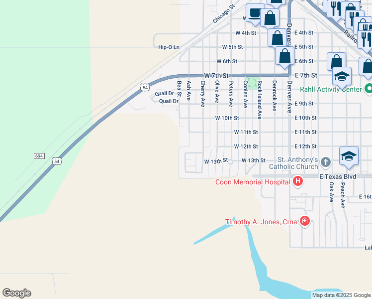 map of restaurants, bars, coffee shops, grocery stores, and more near Canyon View Drive in Dalhart
