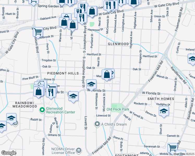 map of restaurants, bars, coffee shops, grocery stores, and more near 1313 Marion Street in Greensboro