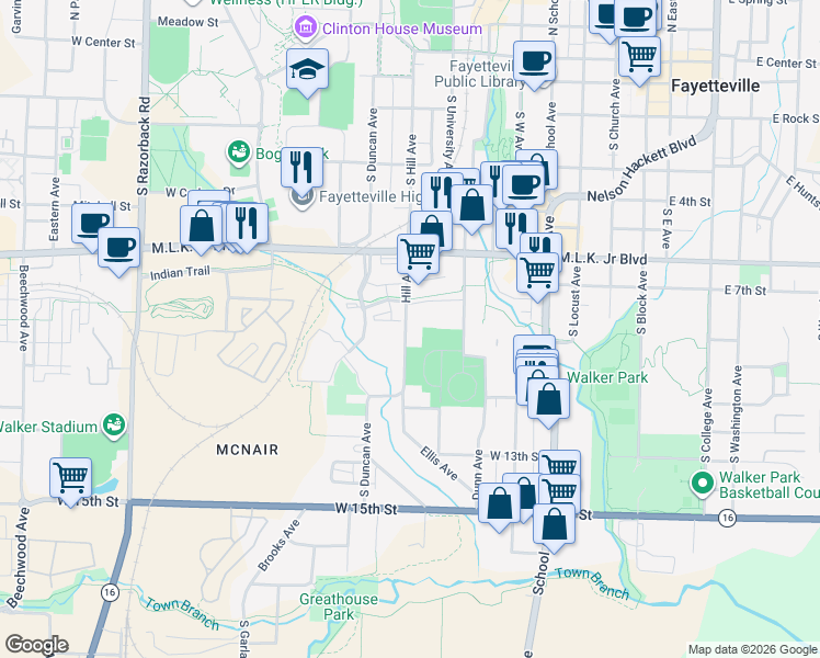 map of restaurants, bars, coffee shops, grocery stores, and more near 898 South Hill Avenue in Fayetteville