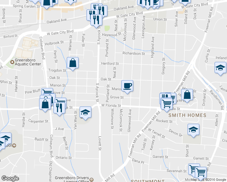 map of restaurants, bars, coffee shops, grocery stores, and more near 1313 Marion Street in Greensboro