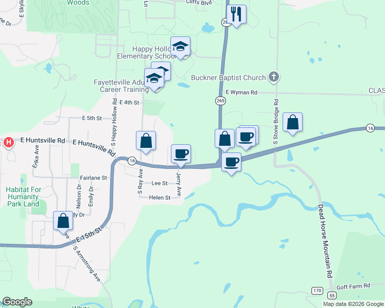 map of restaurants, bars, coffee shops, grocery stores, and more near 2340 E Huntsville Rd in Fayetteville
