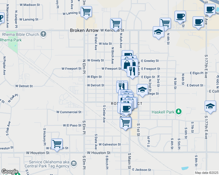 map of restaurants, bars, coffee shops, grocery stores, and more near 221 West Detroit Street in Broken Arrow