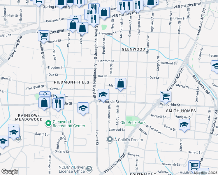 map of restaurants, bars, coffee shops, grocery stores, and more near 1315 Marion Street in Greensboro