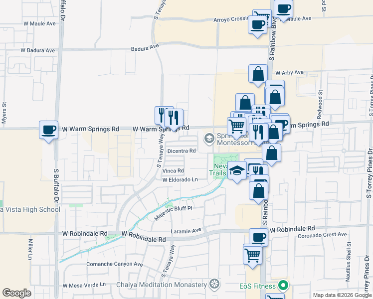 map of restaurants, bars, coffee shops, grocery stores, and more near 7223 Dicentra Road in Las Vegas