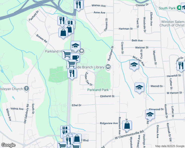 map of restaurants, bars, coffee shops, grocery stores, and more near 1661 Brewer Road in Winston-Salem