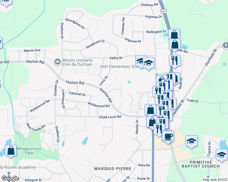 map of restaurants, bars, coffee shops, grocery stores, and more near 844 Horton Road in Durham