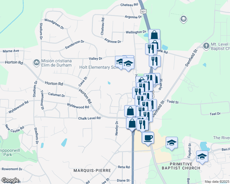 map of restaurants, bars, coffee shops, grocery stores, and more near 86 Stone Hill Court in Durham
