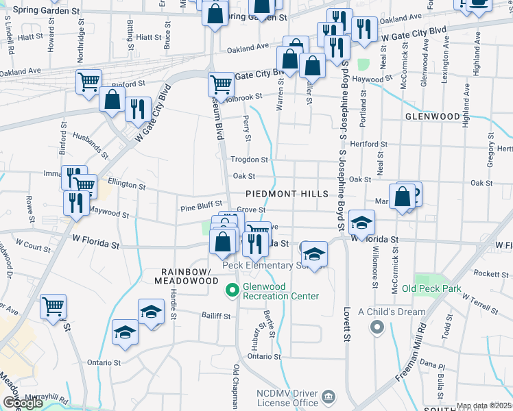 map of restaurants, bars, coffee shops, grocery stores, and more near 1810 Grove Street in Greensboro