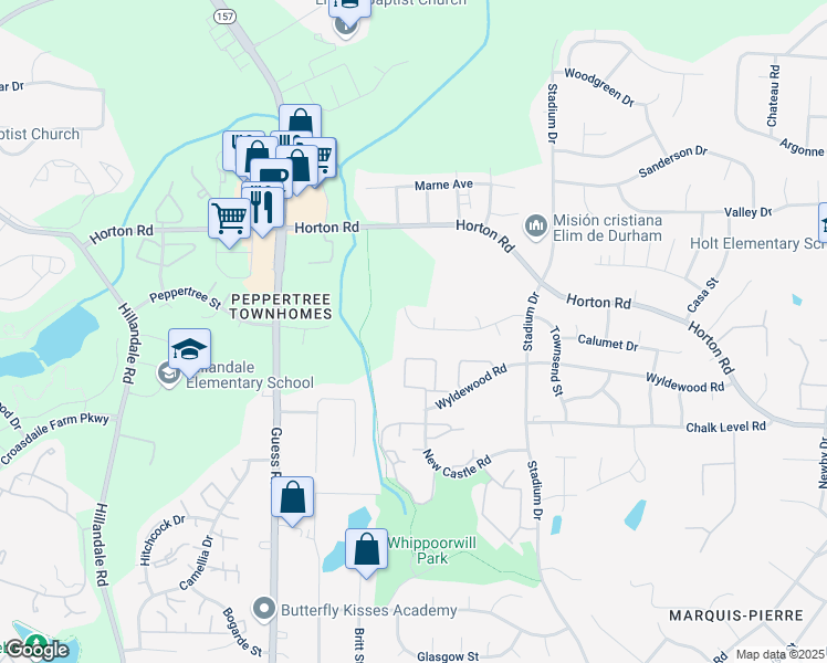 map of restaurants, bars, coffee shops, grocery stores, and more near 1429 Cherrycrest Drive in Durham