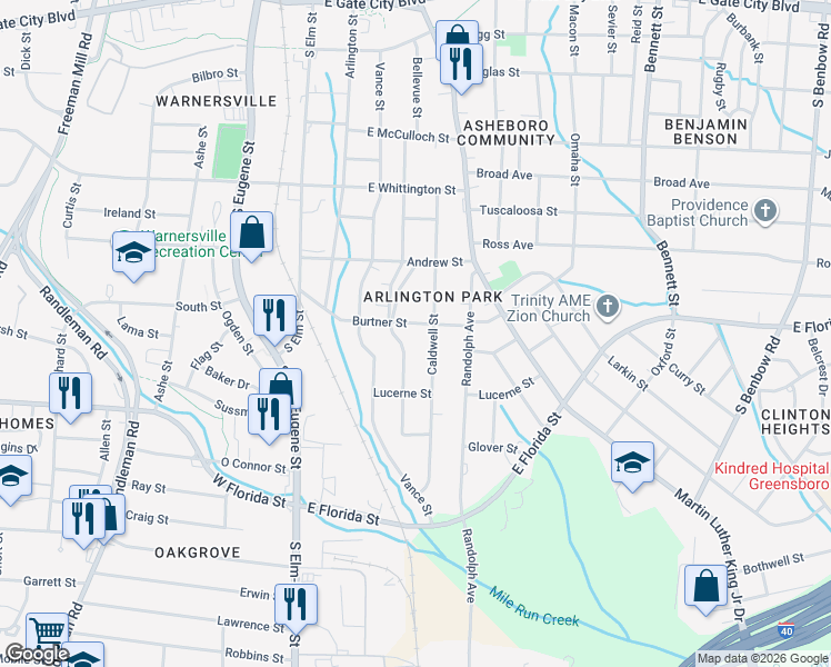 map of restaurants, bars, coffee shops, grocery stores, and more near 320 Harrington Street in Greensboro