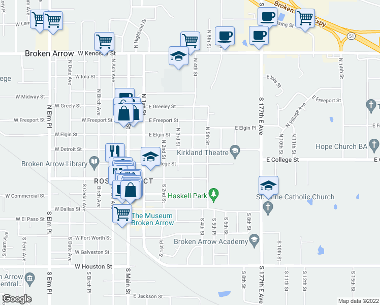 map of restaurants, bars, coffee shops, grocery stores, and more near 421 East Detroit Street in Broken Arrow
