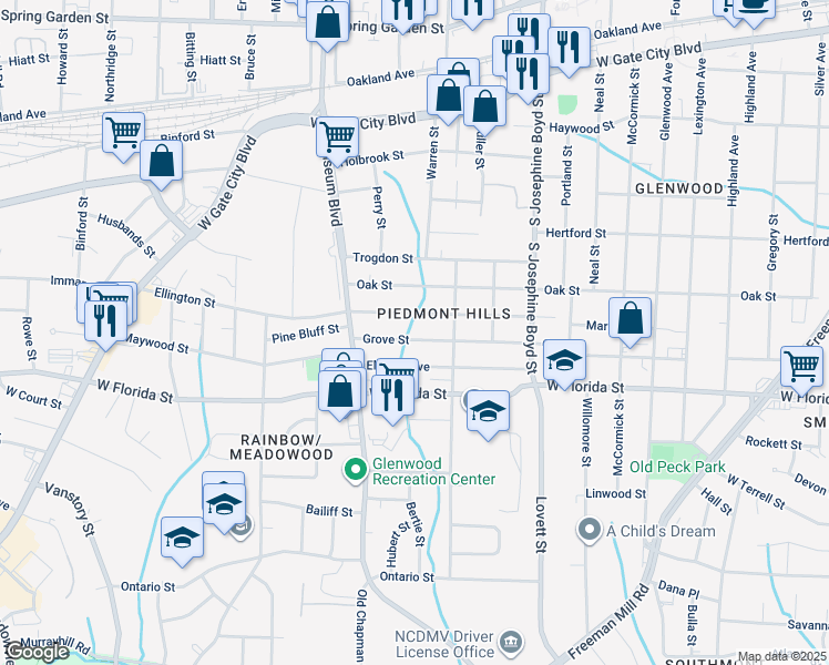 map of restaurants, bars, coffee shops, grocery stores, and more near 1718 Grove Street in Greensboro
