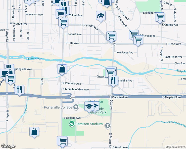 map of restaurants, bars, coffee shops, grocery stores, and more near 260 Chase Avenue in Porterville