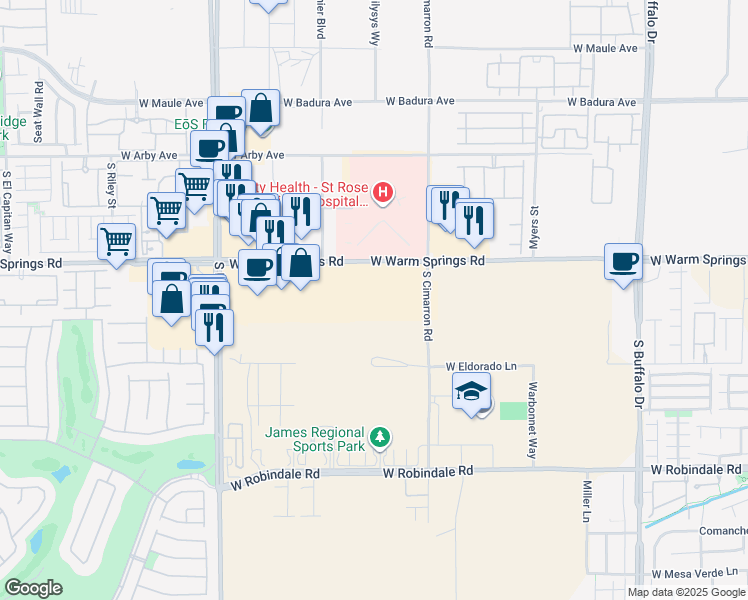 map of restaurants, bars, coffee shops, grocery stores, and more near 8205 W Warm Springs Rd in Las Vegas