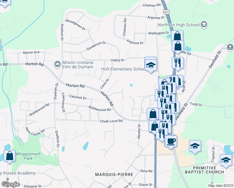 map of restaurants, bars, coffee shops, grocery stores, and more near 844 Horton Road in Durham