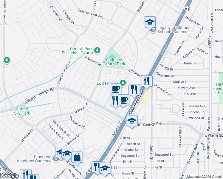 map of restaurants, bars, coffee shops, grocery stores, and more near 374 Gracious Way in Henderson