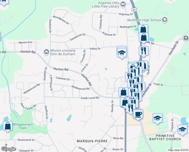 map of restaurants, bars, coffee shops, grocery stores, and more near 844 Horton Road in Durham