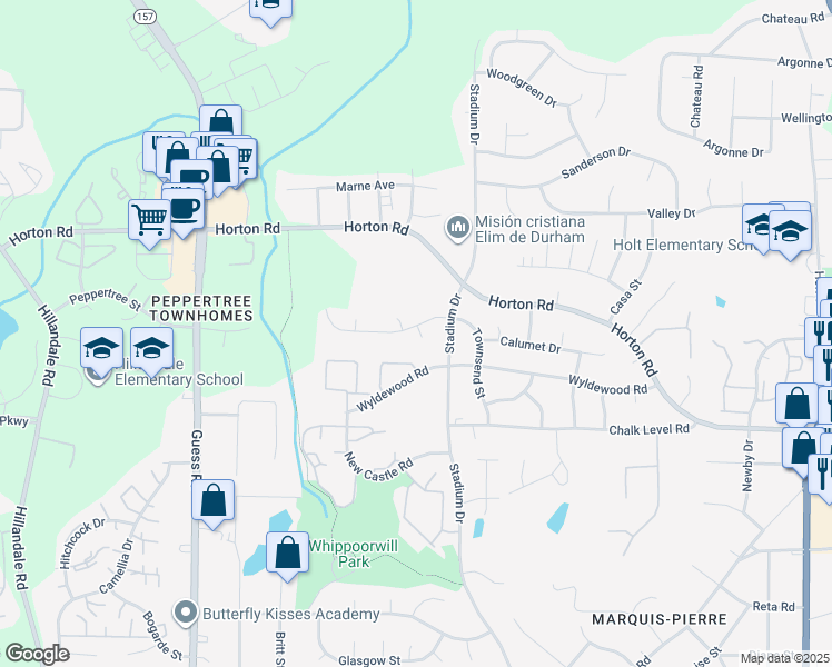 map of restaurants, bars, coffee shops, grocery stores, and more near 4 Sidbrook Court in Durham