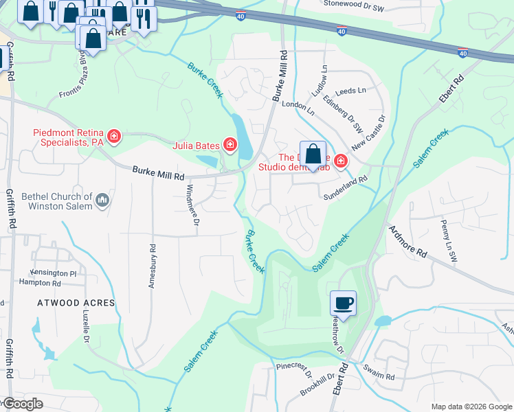 map of restaurants, bars, coffee shops, grocery stores, and more near 411 Rivertree Lane in Winston-Salem