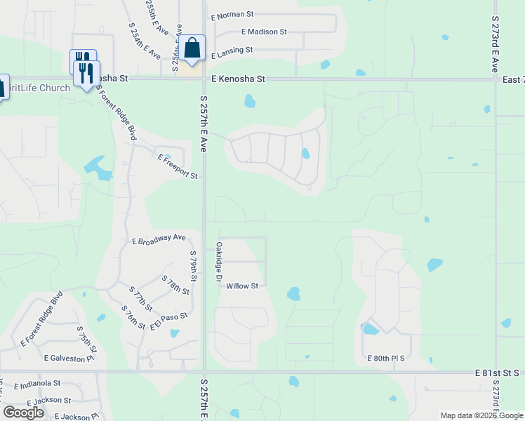 map of restaurants, bars, coffee shops, grocery stores, and more near 25823 East Cottonwood Street in Broken Arrow