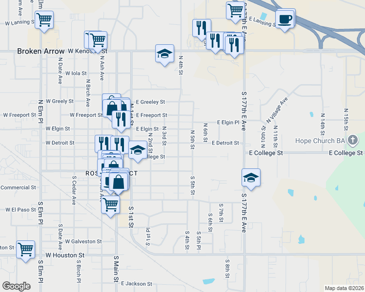 map of restaurants, bars, coffee shops, grocery stores, and more near 421 East Detroit Street in Broken Arrow