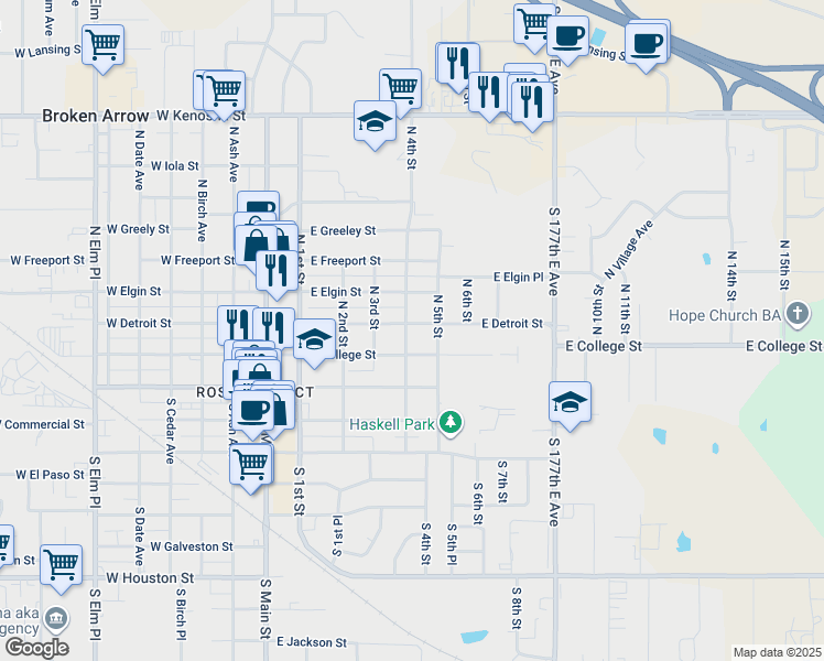 map of restaurants, bars, coffee shops, grocery stores, and more near 421 East Detroit Street in Broken Arrow