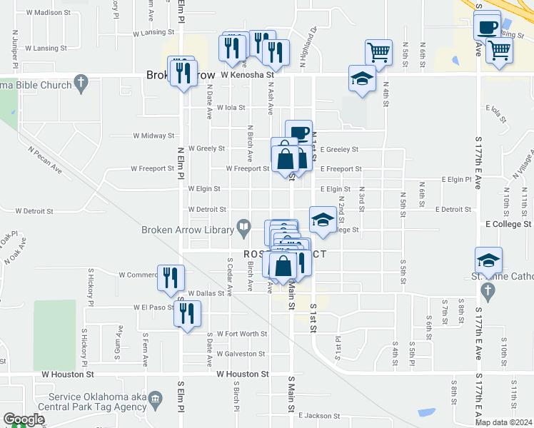 map of restaurants, bars, coffee shops, grocery stores, and more near 221 West Detroit Street in Broken Arrow