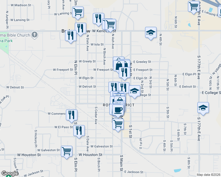 map of restaurants, bars, coffee shops, grocery stores, and more near 221 West Detroit Street in Broken Arrow