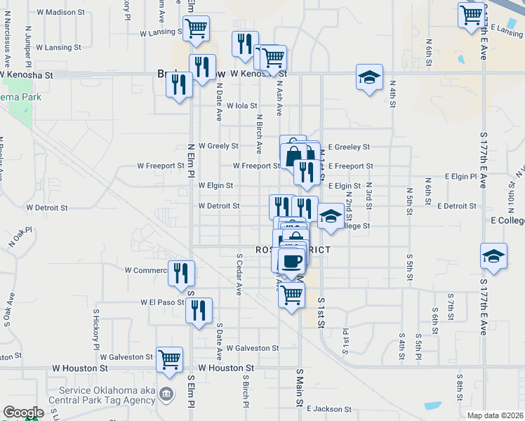 map of restaurants, bars, coffee shops, grocery stores, and more near 221 West Detroit Street in Broken Arrow