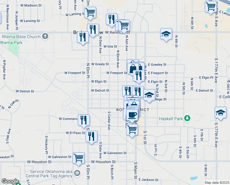 map of restaurants, bars, coffee shops, grocery stores, and more near 221 West Detroit Street in Broken Arrow