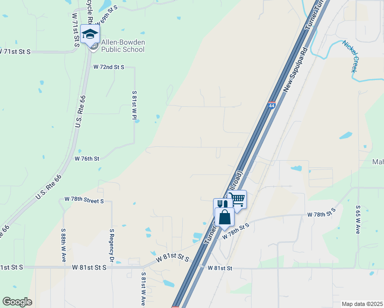 map of restaurants, bars, coffee shops, grocery stores, and more near 7712 West 75th Street in Tulsa