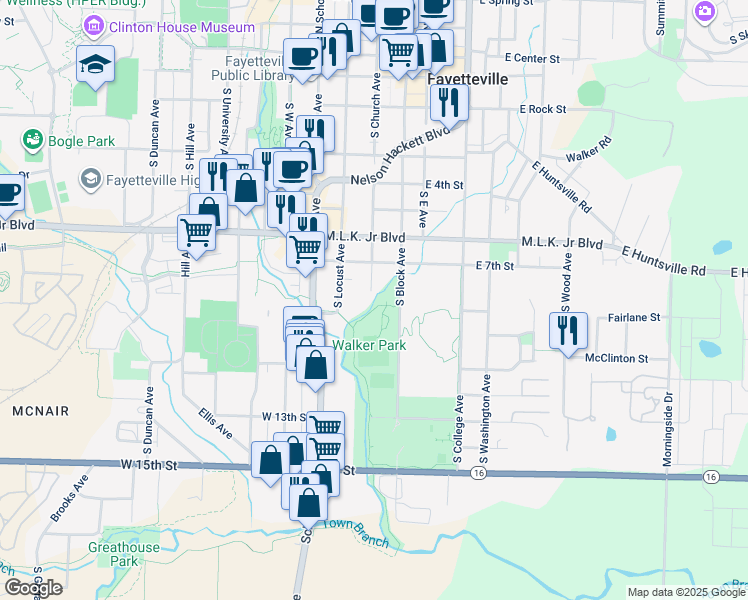 map of restaurants, bars, coffee shops, grocery stores, and more near 800 South Church Avenue in Fayetteville