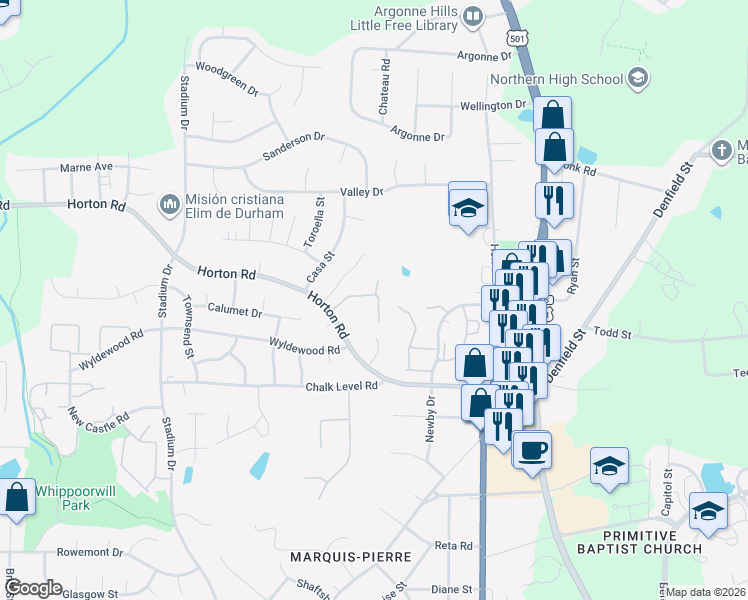 map of restaurants, bars, coffee shops, grocery stores, and more near 844 Horton Road in Durham