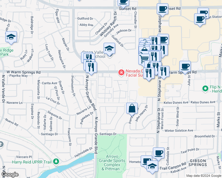 map of restaurants, bars, coffee shops, grocery stores, and more near 1575 West Warm Springs Road in Henderson