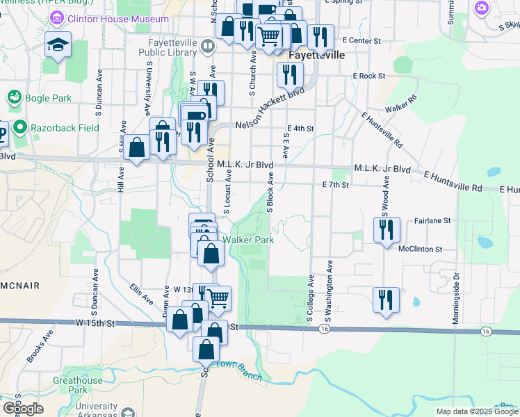 map of restaurants, bars, coffee shops, grocery stores, and more near 753 South Block Avenue in Fayetteville