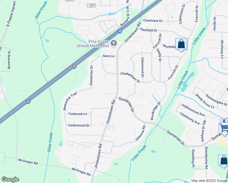 map of restaurants, bars, coffee shops, grocery stores, and more near 1280 Jonestown Road in Winston-Salem