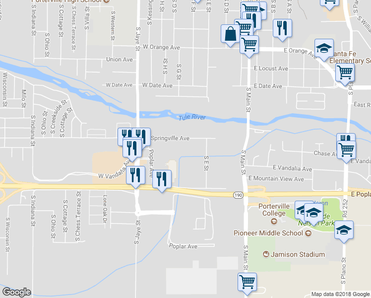 map of restaurants, bars, coffee shops, grocery stores, and more near 225 West Springville Avenue in Porterville